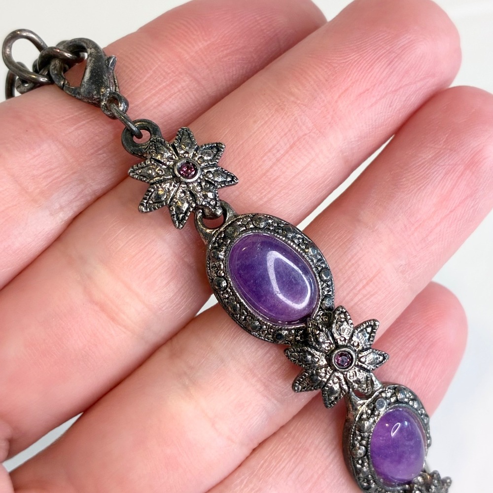 Vintage Premier Designs Bracelet Floral Purple Cabochon Rhinestone Silver Tone - Picture 10 of 11